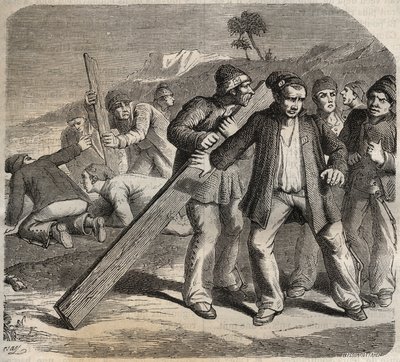 Flugtforsøg ved fortet Belle-Ile-en-Mer (smuk ø til søs) i det 19. århundrede. Indgravering i "Fangernes historie fra deres skabelse til i dag"" (1877) af Pierre Zaccone (1817-1895) (Colonia Penale - Straffekoloni). Privat samling. af Anonymous Anonymous