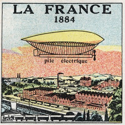 Balloner: luftskibet "" La France"" i 1884 ved hjælp af det elektriske batteri opfundet af franskmændene Renard og Krebs. Anonym illustration fra 1925. Privat samling. af Anonymous Anonymous