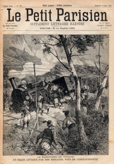 Banditry i Tyrkiet, et tog angrebet af røvere nær Konstantinopel. Stik i "" Le petit Parisien"" fra 1891. Privat samling. af Anonymous Anonymous