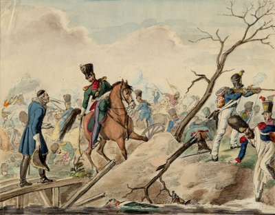 Bataille de Leipzig (bataille des Nations) - En episode fra slaget ved Leipzig - Anonym - 1813 - Akvarel på papir - 16,2x20,8 - Privat samling af Anonymous Anonymous