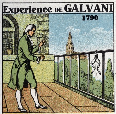 Batterier og akkumulatorer: oplevelse af Luigi Galvani (1737-1798) på elektricitet med frølår for at se virkningerne på muskler, i 1790. Anonym illustration fra 1925. Privat samling. af Anonymous Anonymous
