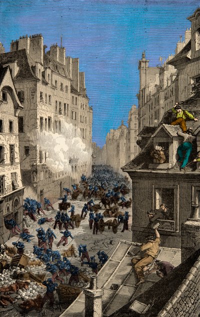 Slaget ved barrikaden i Rue Saint Antoine i 1830, gravering, privat samling af Anonymous Anonymous