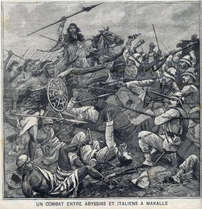 Kamp mellem Abyssins of Menelik II og italienere i Makalle, Etiopien. Gravering i "" Le Petite Parisien"" af Anonymous Anonymous