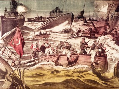 Slaget ved Kunfuda (Kunfida Kunfidah): søslag udkæmpet den 7. og 8. januar 1912, under den italiensk-tyrkiske krig (1911-1912), i Det Røde Hav, foran havnen i Kunfuda, Saudi-Arabien. af Anonymous Anonymous