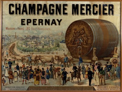 Stor tønde champagne udstiller på Expo Universelle de 1889 - Reklameplakat for Mercier champagne, slutningen af det 19. århundrede af Anonymous Anonymous