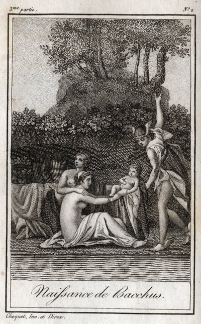 Fødsel af Bacchus, søn af Jupiter og Semele. Stik fra 1819 i "Lettres a Emilie sur la mythologie" af Charles Albert Demoustier (1760-1801). Privat samling. af Anonymous Anonymous