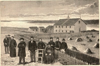 Biskop Isidore Clut (1832-1903), R.P. Le Corre og andre medlemmer af Providence-missionen i Athabaska Mackenzie (Athabaska-Mackenzie) i Canada i slutningen af det 19. århundrede. Indgravering i "Les Missions Catholiques au XIXeme Siecle"" af Louis-Eugene ( af Anonymous Anonymous