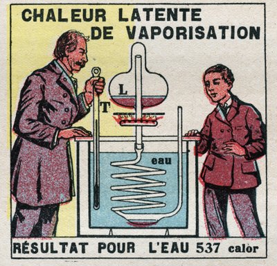 Kalorimetri: den latente fordampningsvarme målt med Marcellin Berthelots kalorimeter (1827-1907). Anonym illustration fra 1925. Privat samling. af Anonymous Anonymous