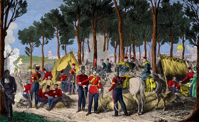 Camping af russiske og engelske tropper ved Champs Elysees i Paris i juli 1815 efter Napoleon 1.s nederlag, gravering, privat samling af Anonymous Anonymous