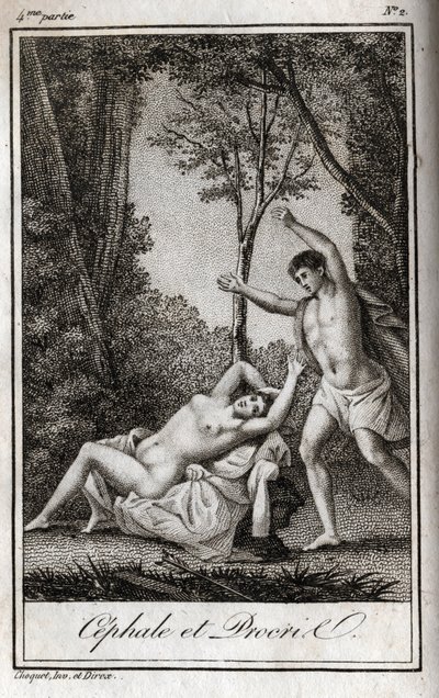 Cephale og Procris (Cephalus) kærestepar. Stik fra 1819 i "Lettres a Emilie sur la mythologie" af Charles Albert Demoustier (1760-1801). Privat samling. af Anonymous Anonymous
