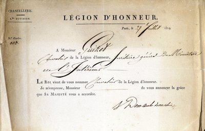 Certifikat for levering af Æreslegionen til Guizot, generalsekretær for indenrigsministeriet, 21/07/1814. af Anonymous Anonymous