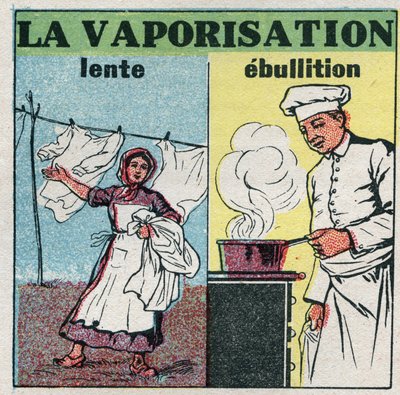 Ændringer i tilstande: langsom fordampning (vindpåvirkning) eller kogning (opvarm under en pande). Anonym illustration fra 1925. Privat samling. af Anonymous Anonymous
