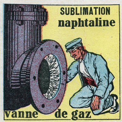 Ændringer i tilstande: sublimering. Naphthaline-depot, der tilstopper en gasventil. Anonym illustration fra 1925. Privat samling. af Anonymous Anonymous