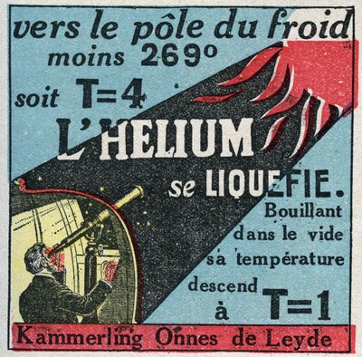 Ændringer i tilstande: dampe. Hollandske Heike Kammerling Ones (1853-1926), fra Leiden, formåede at gøre helium flydende i 1908. Anonym illustration fra 1925. Privat samling. af Anonymous Anonymous