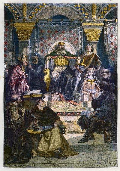 Karl den Store (742 - 814) på sin trone præsiderer over Paladsakademiet - Karl den Store (747-814) Frankernes konge og den kristne kejser af Vesten præsiderer over Slotsskolen i Aachen (Aachen) - gravering fra "" L
