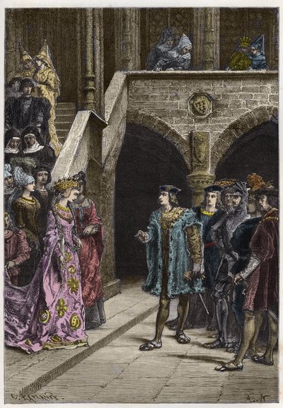Charles VIII og Anne af Bretagne - Møde mellem kong Charles VIII (1470-98) og Dronning Anne af Bretagne - gravering fra "" Frankrigs historie fortalt til mine børnebørn"" - af Francois Guizot - 1872-1876 af Anonymous Anonymous