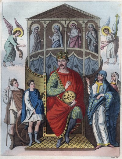 Karl den Skaldede, konge af Vestfrankien, Italien og den hellige romerske kejser, 823 - Portræt af Karl II den Skaldede (823 - 877), konge af Frankrig, gravering fra "" Skikke og skikke for alle universets folk. Det er historien om regeringen, lovene, mili af Anonymous Anonymous