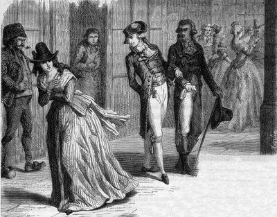 Charlotte Corday hos knivmageren Badin, under arkaderne i Palais-Royal i 1793 - Indgravering i "Histoire des Girondins"" af Alphonse de Lamartine (1790-1869) 1865-1866 - Privat samling af Anonymous Anonymous
