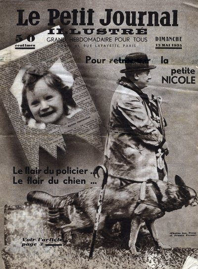 Chaumonts affærer: politihunde træner for at finde sporet af forsvundne børn (her pigen Nicole) og banditter. Forside fra "" Le petit journal illustrious"" fra 12/05/1935 Samling privee af Anonymous Anonymous