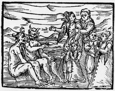 Barn optaget på sabbatten for første gang - "" Compendium Maleficarum"", omhandler hekse, deres ondskab og deres sortileges af Francesco Maria Guazzo eller Guaccio eller Guaccius (15?? -16??) 1608 privatsamling af Anonymous Anonymous