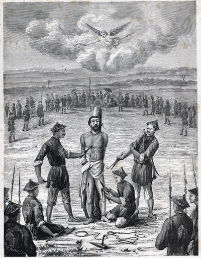 Kristenforfølgelse: den franske missionærpræst Joseph Marchand led "pine af de hundrede sår" i Cochinchina den 30. november 1835. Indgravering i "Les Missions Catholiques au XIXeme Siecle"" af Louis-Eugene (Louis Eugene) Louvet. privat co af Anonymous Anonymous