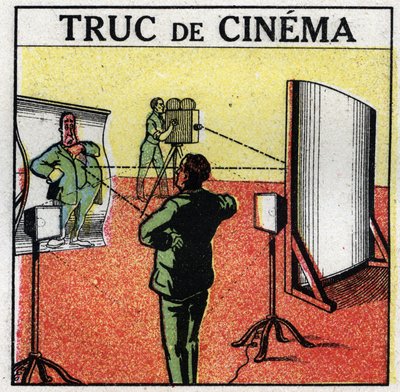 Kinematograf: filmting. Deformerende spejle giver illusionen af at filme monstre. Anonym illustration fra 1925. Privat samling. af Anonymous Anonymous