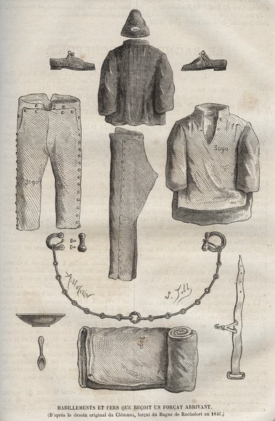 Tøj og strygejern modtaget af en styrke, der ankom til bagne de Rochefort i det 19. århundrede (fra den originale tegning af Clemans, forcat du bagne i 1840). Indgravering i "Fangernes historie fra deres skabelse til i dag" (1877) af Pierre Zaccone (18. af Anonymous Anonymous