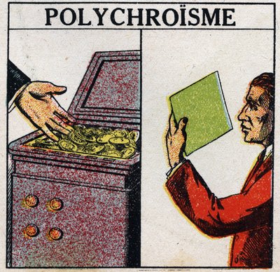 Farver: polykroisme. Guldmønter er gule, men tyndtlagsguld er grøn i farven. Anonym illustration fra 1925. Privat samling. af Anonymous Anonymous
