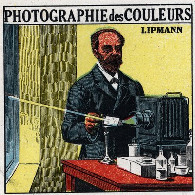 Farvefotografering: processen opfundet af Gabriel Lippmann (1845-1921) i 1891. Anonym illustration fra 1925. Privat samling. af Anonymous Anonymous