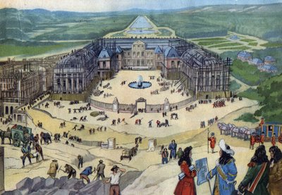 Byggeriet af slottet i Versailles i 1678 efter planerne fra Jules Hardouin Mansart i forgrunden kong Ludvig XIV. af Anonymous Anonymous