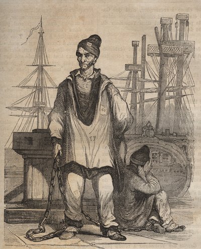 Overbevisninger til evighed ved Rochefort Bagne i det 19. århundrede. Indgravering i "Historien om fængslerne fra deres skabelse til i dag"" (1877) af Pierre Zaccone (1817-1895) (Colonia Penale - Straffekoloni) af Anonymous Anonymous