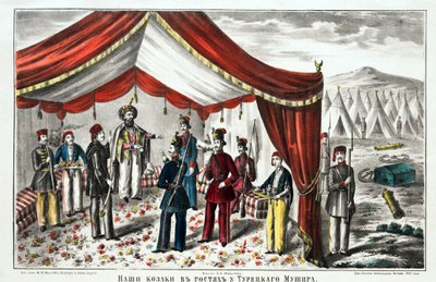 Kosakker besøger den tyrkiske Mushir efter slaget ved Kurekdere - Anonym - 1855 - Litografi, akvarel - 55,7x68 - Privat samling af Anonymous Anonymous