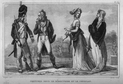 Udklædning i direktionen og konsulatet. Stik fra 1859 i "" Le Monde. Alle folkeslags historie fra de fjerneste tider til i dag”. af M. E. de Lostalot-Bachoue (Lostalot Bachoue). Privat samling. af Anonymous Anonymous