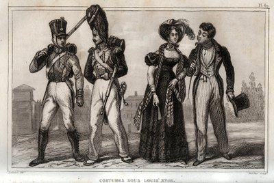 Kostumer under Ludvig XVIII. Stik fra 1859 i "" Le Monde. Alle folkeslags historie fra de fjerneste tider til i dag”. af M. E. de Lostalot-Bachoue (Lostalot Bachoue). Privat samling. af Anonymous Anonymous