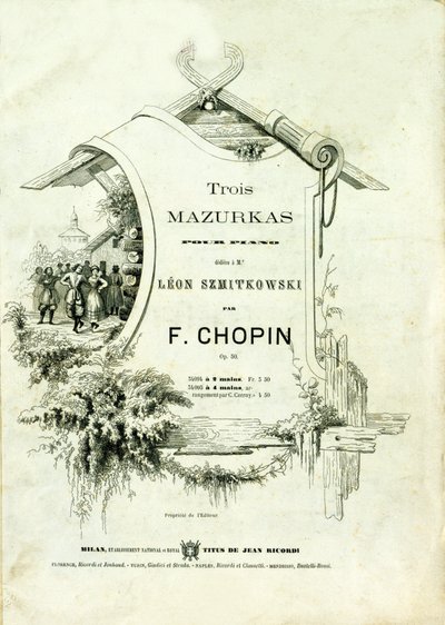 Cover af "Tre mazurkaer for klaver, opus 50"" dedikeret til Leon Szmitkowski komponeret af Frederic Chopin (1810-1849). af Anonymous Anonymous