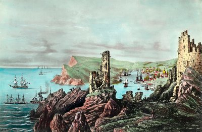 Krim -krig: Udsigt til Balaklava Harbour i Krim. Gravering omkring 1854-1855. Privat samling af Anonymous Anonymous