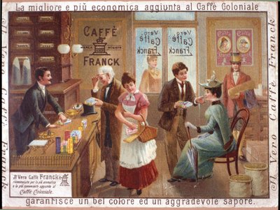 Kunder i en købmand, der sælger kaffe. Annoncering for "Caffe Franck". Kromolitografi, omkring 1900. af Anonymous Anonymous