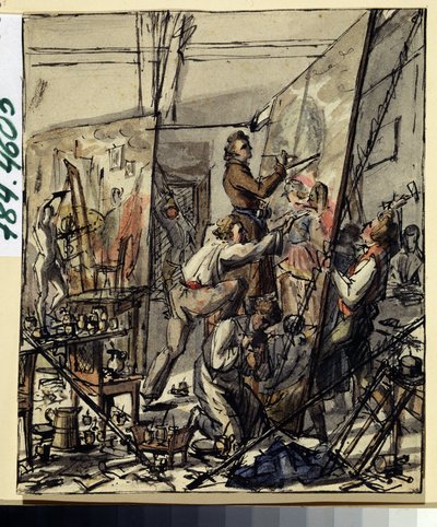 I en kunstners atelier. Anonym tegning. Akvarel og blæk på papir af Anonymous Anonymous