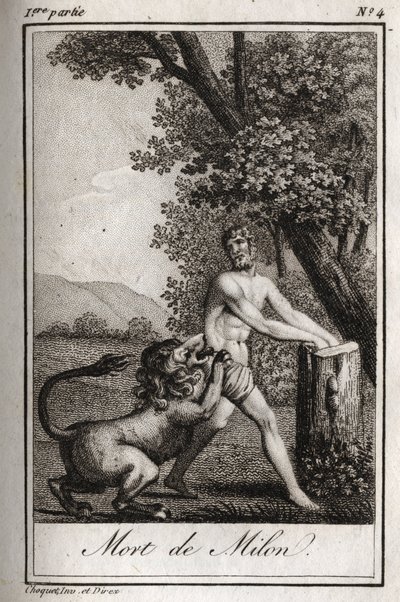 Død af Milon de Crotone (Milo af Croton) fortære af en ulv. Stik fra 1819 i "Lettres a Emilie sur la mythologie" af Charles Albert Demoustier (1760-1801). Privat samling. af Anonymous Anonymous