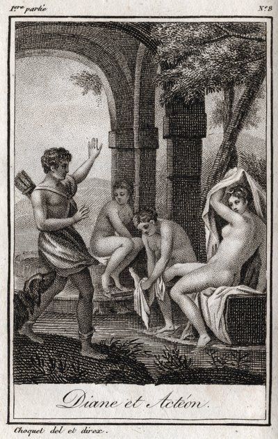 Diane og Acteon (Diana og Actaeon) Diane overraskede i badet af jægeren Acteon. Stik fra 1819 i "Lettres a Emilie sur la mythologie" af Charles Albert Demoustier (1760-1801). Privat samling. af Anonymous Anonymous