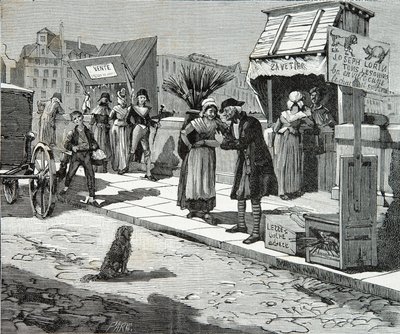 Hundetrimmere på broen ni i Paris omkring 1796, gravering, privat samling af Anonymous Anonymous