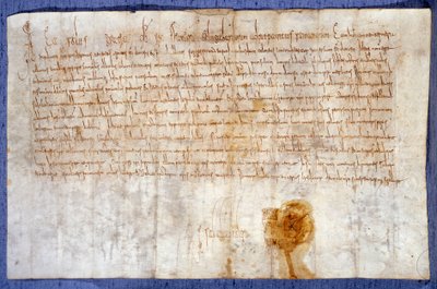 Donation af kong Karl den Store (Karl I, Karl den Store eller Carolus Magnus) (742-814) fra Luzarches og Mussy domæner til klosteret Saint Denis den 25/02/775. Paris, Nationalarkivet af Anonymous Anonymous