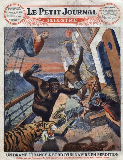 Drama om det franske linjeskib "" Saint Etienne"": gorillaer, tiger, løve og slange bestemt til engelske zoologiske haver flygtede fra deres bur og angreb besætningsmedlemmerne. "" Gravering. En af "The Little Journal Illustrates" af Anonymous Anonymous