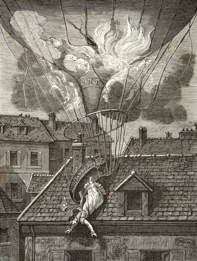 Dramatisk død af Madame Sophie Blanchard (1778-1819), aeronaute den 6. juli 1819 over Tivolis haver i Paris, gravering, privat samling af Anonymous Anonymous