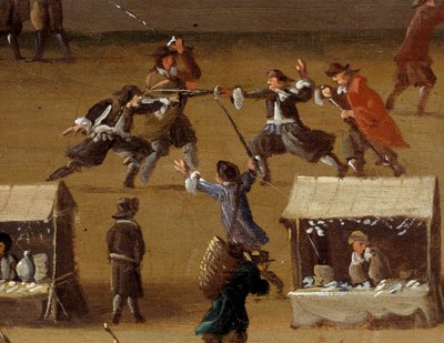 Duelscene ved Pont Neuf i Paris i det 17. århundrede Detalje. Anonymt maleri. Paris, Musée Carnavalet af Anonymous Anonymous