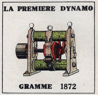 Dynamo: den første dynamo opfundet af Zenobe Theophile Gram (1826-1901) i 1872. Anonym illustration fra 1925. Privat samling. af Anonymous Anonymous