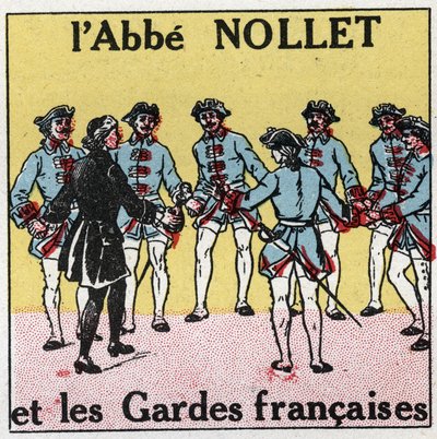 Elektriske kondensatorer: hjernerystelse forårsaget af kondensatorer. Oplevelse af flasken Leiden af Abbe Jean Antoine Nollet (Jean-Antoine) (1700-1770), fransk fysiker i Versailles, hvor 180 vagter blev slået på samme tid i 1746. Anonym illustration f. af Anonymous Anonymous