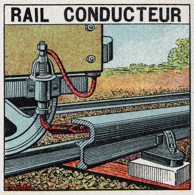 Elektriske jernbaner: ledende skinne. Anonym illustration af 1925. Privat samling. af Anonymous Anonymous