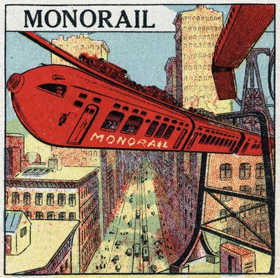 Elektriske jernbaner: projekt for en monorail, der cirkulerer i en by. Anonym illustration fra 1925. Privat samling. af Anonymous Anonymous