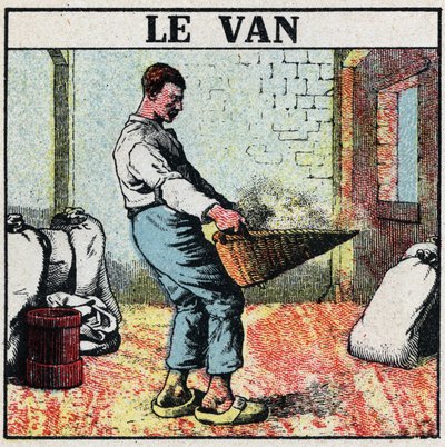 Elektrisk værktøj: varevognen eller flettet kurv bruges til at tørre korn før opfindelsen af elektriske maskiner. Anonym illustration fra 1925. Privat samling. af Anonymous Anonymous